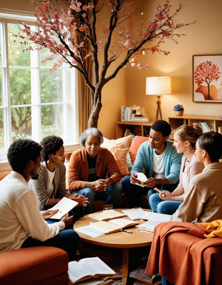 A compassionate, serene scene depicting a diverse group of individuals gathered in a cozy support group setting, surrounded by warm colors and comforting elements like soft lighting and cushions. In the background, include symbols of hope such as a cancer ribbon and a blooming tree, while showcasing helpful resources like brochures and books on a table. The atmosphere should evoke feelings of care, support, and empowerment. vibrant colors. super-realistic.