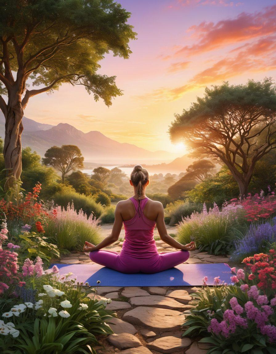 A serene landscape featuring a gentle sunrise over a vibrant garden filled with healing herbs and plants, a diverse group of people engaging in meditation and yoga, symbolizing hope and community support. Include elements that represent advocacy, like ribbons and signs, and subtle representations of cancer awareness. Create a warm, inviting atmosphere to evoke feelings of confidence and resilience. super-realistic. vibrant colors. peaceful ambiance.