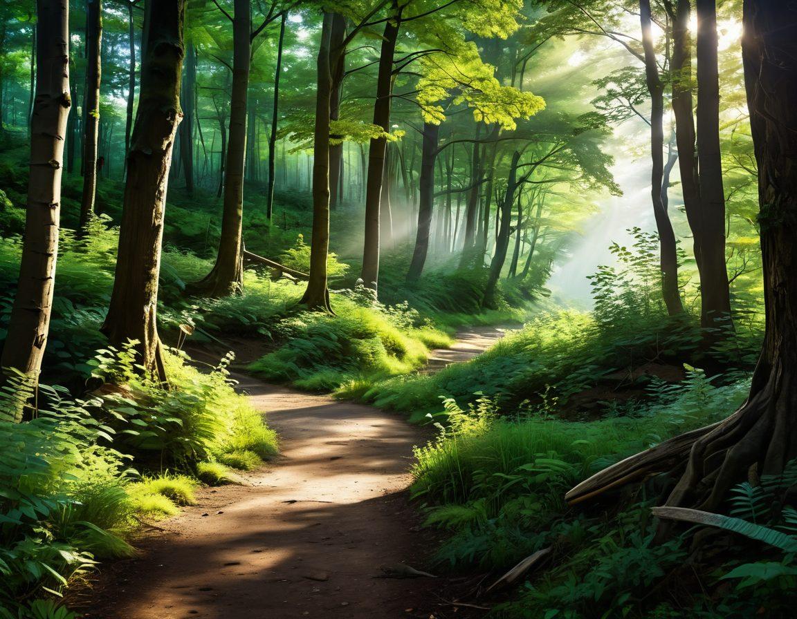 A serene landscape featuring a winding path through a lush green forest, symbolizing the journey of healing. Alongside the path, uplifted spirits in silhouettes represent inspiring stories, while gentle sunlight filters through the trees, giving a sense of hope. Include icons of essential resources like books and medical symbols scattered along the trail. super-realistic. vibrant colors. peaceful atmosphere.